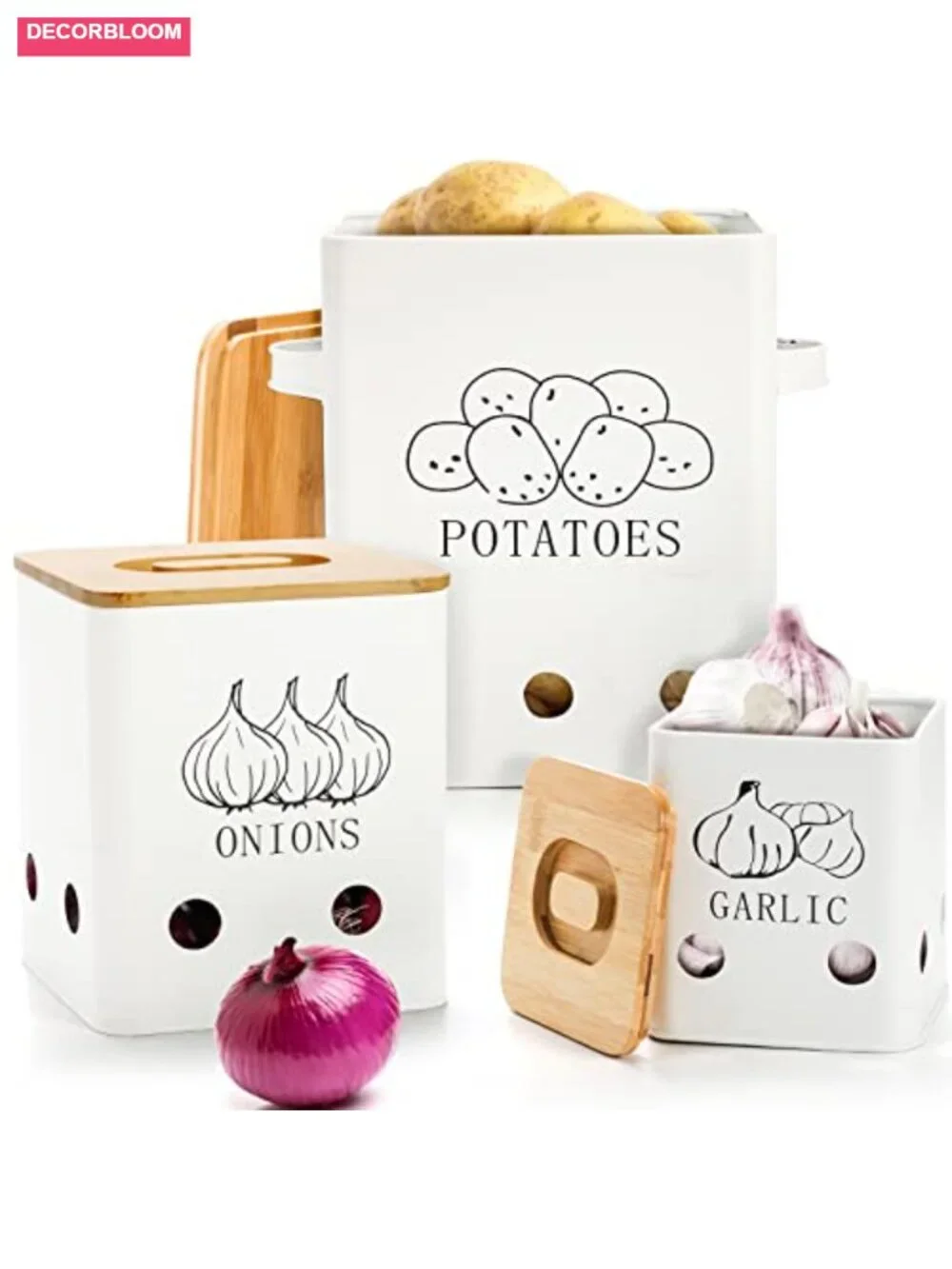 3 Pack Metal Vegetable Storage Tins with Wooden Lids, Onion Garlic Potato
